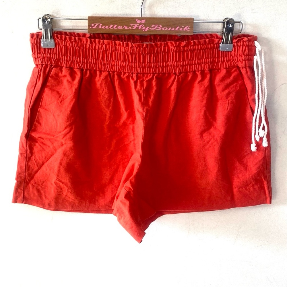 J.CREW Short Women's Size Small Red Orange Smocked‎ Waist Linen Blend Drawstring